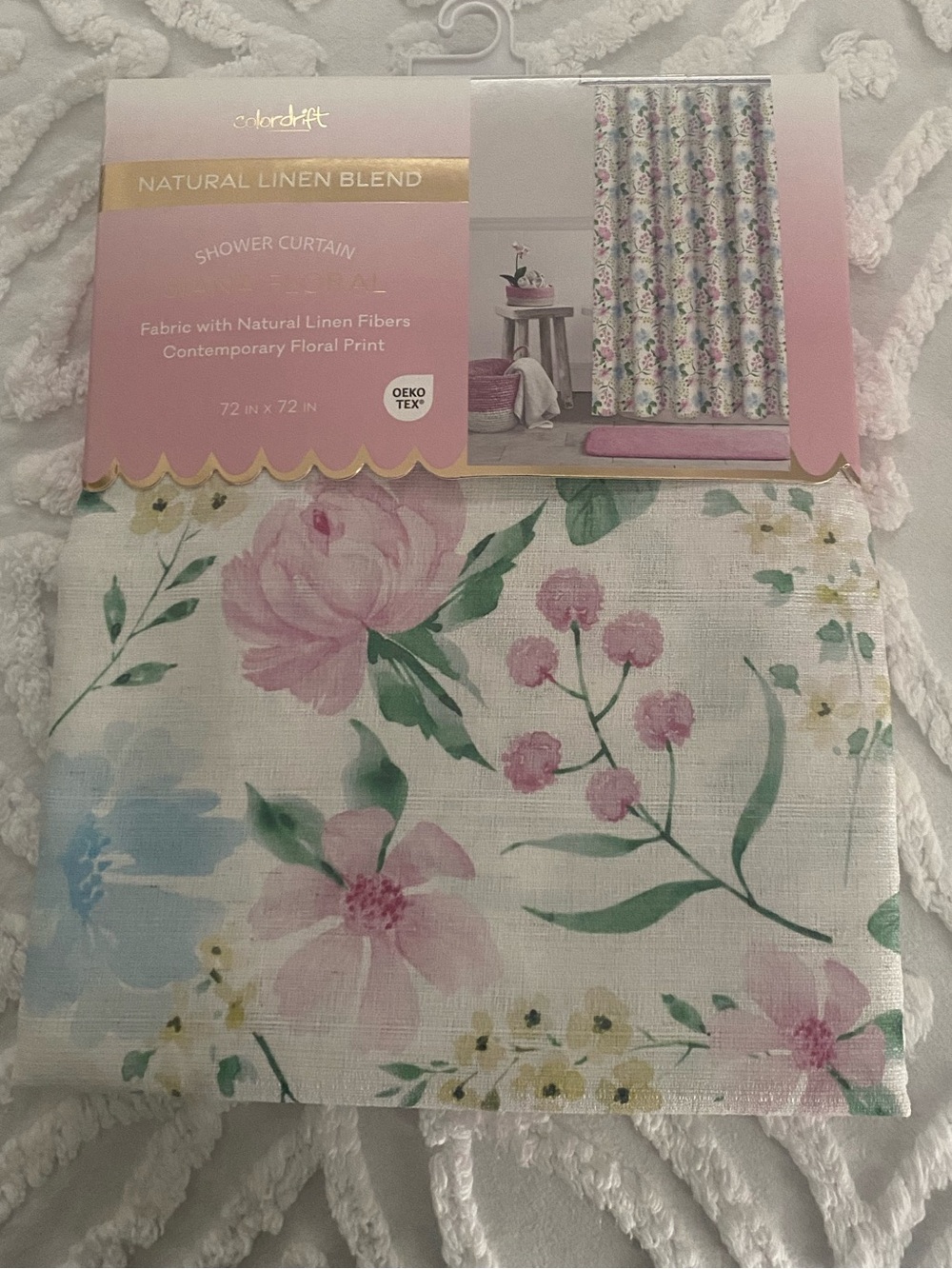 Natural Linen Blend Floral Shower Curtain - ColorDrift, Pink Floral.